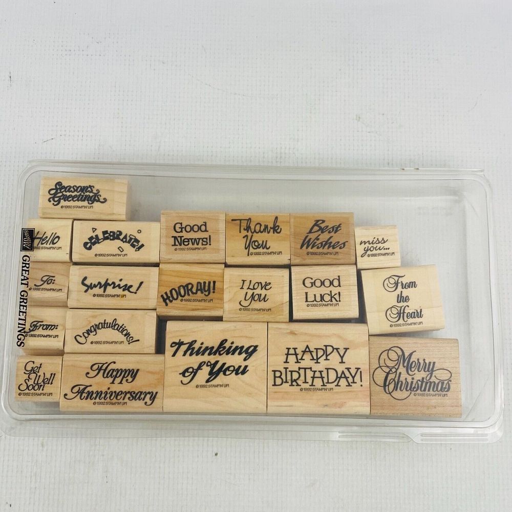 Stampin'‎ Up! Great Greetings 20 Stamp Set 1992 Wood Mounted w/Case